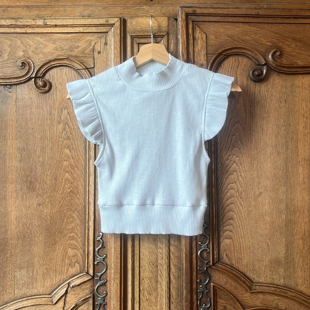 Storia Ribbed Ruffle Sleeve Cropped Top Sz S - Picture 7 of 12